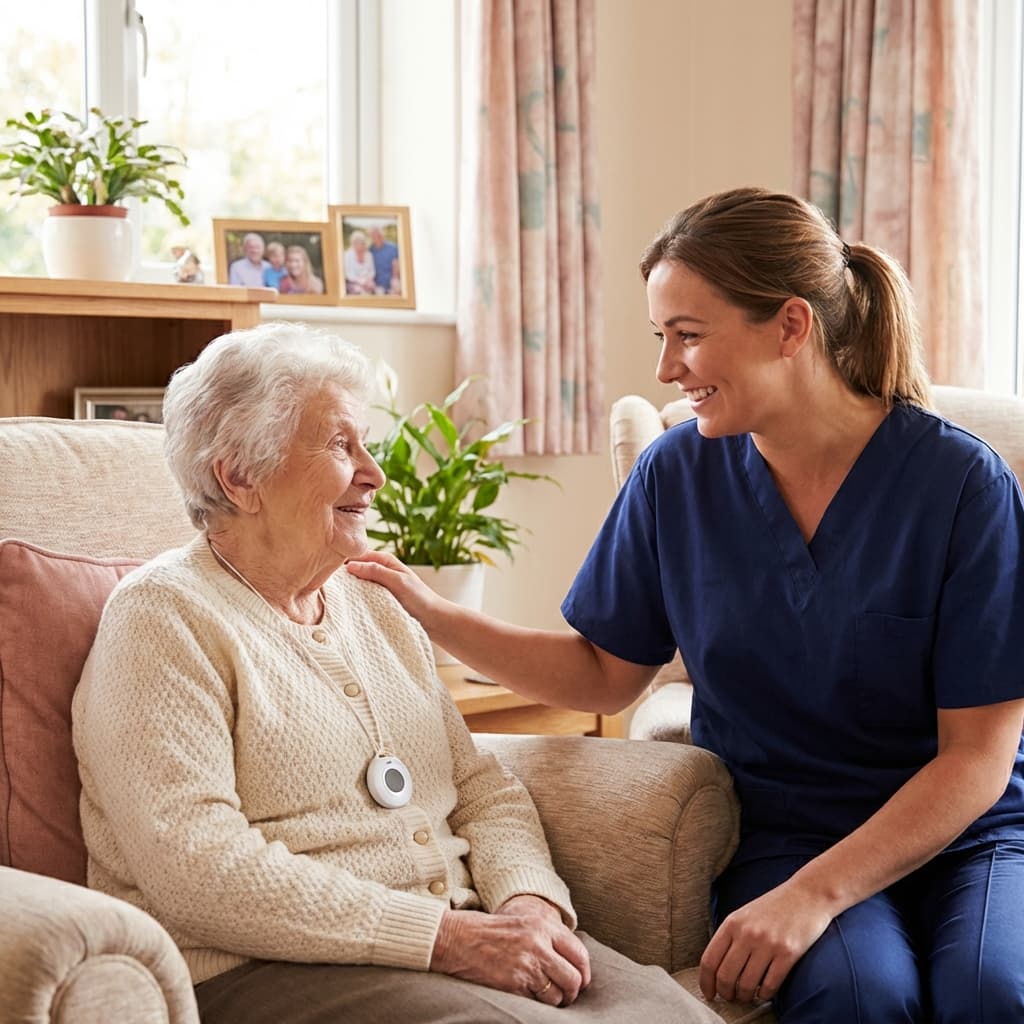 Care worker providing support to elderly woman wearing telecare pendant